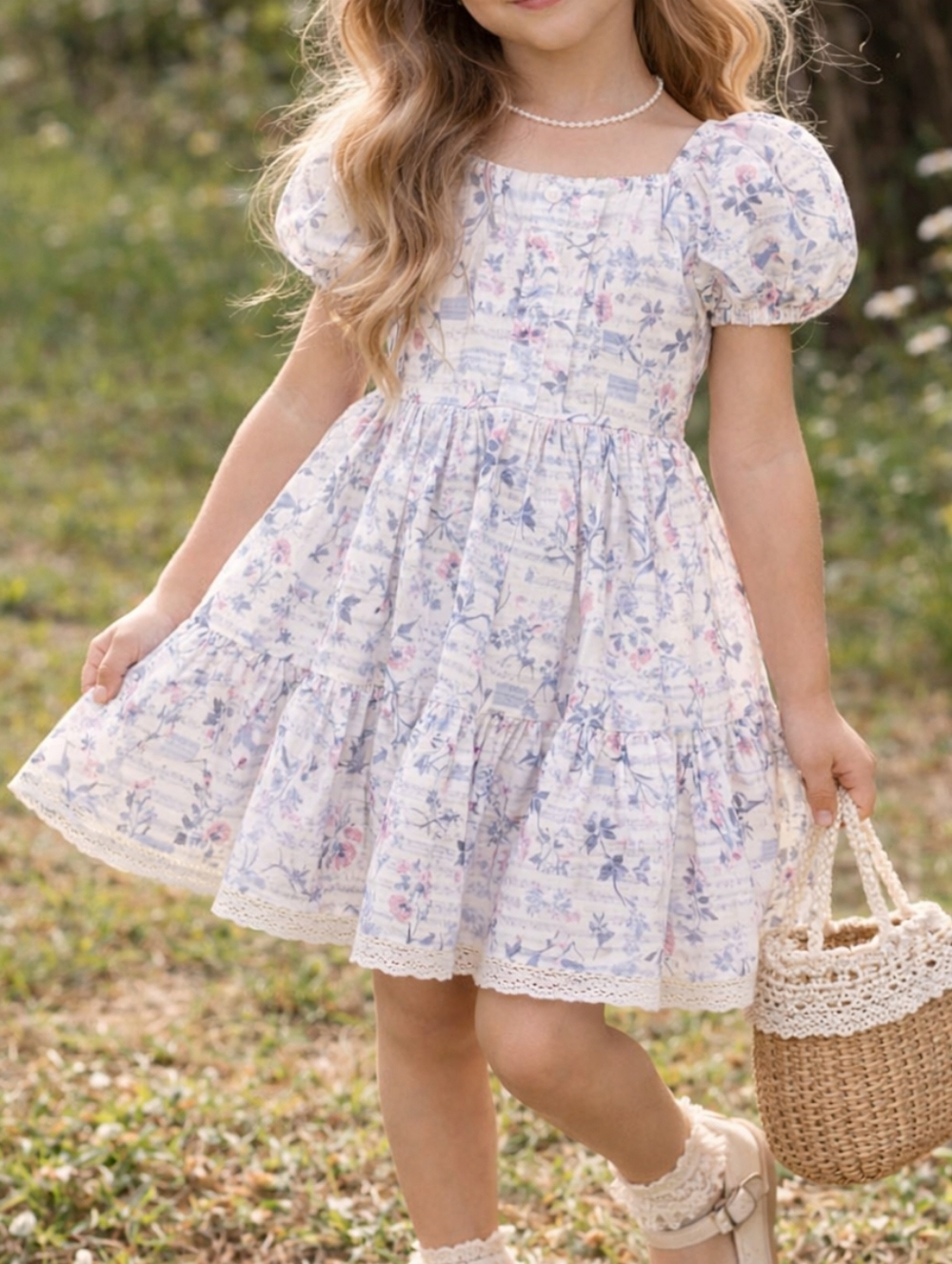 Joie Girls White Floral Puff Sleeve Dress 100% Cotton Cottagecore Boho Tiered